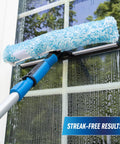 2 In 1 Squeegee And Scrubber Window Cleaning Tool With 14 Inch Blade And 8 Foot Connect And Clean Pole For Streak Free Glass Cleaning At Home Or Pro Jobs Microfiber Sleeve on wet window
