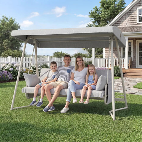 3 To 4 Person Outdoor Patio Swing With Canopy, 2 In 1 Swing Bed, Adjustable Backrest, 800 Lb Capacity, Porch Swing With Stand