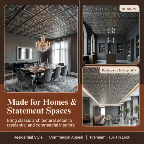 Antique Silver 2x2 PVC Ceiling Tile Pack Of 10 For Glue-Up Or Lay-In Install, Durable Embossed Panels shown in interior settings