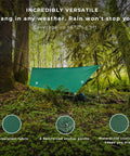 All In One Camping Hammock Kit With Bug Net And Rain Fly For Easy Setup Pro Grade Ripstop Nylon rain fly in forest setup