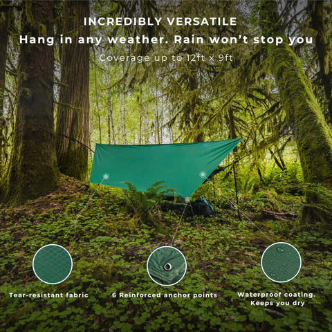 All In One Camping Hammock Kit With Bug Net And Rain Fly For Easy Setup Pro Grade Ripstop Nylon rain fly in forest setup