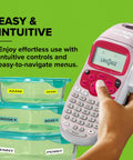 Pink Handheld Label Maker For Home And Office with ABC keyboard and LCD screen shown in use labeling storage containers.
