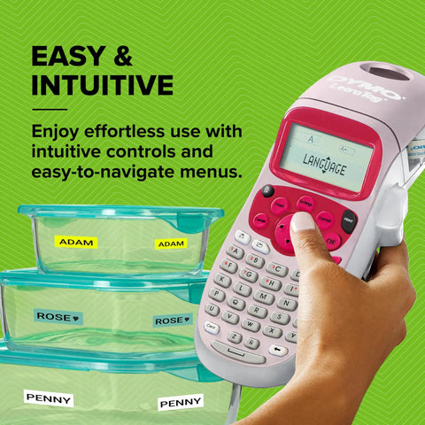 Pink Handheld Label Maker For Home And Office with ABC keyboard and LCD screen shown in use labeling storage containers.