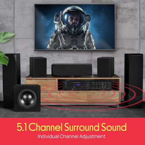Bluetooth 5.1 Home Theater And Karaoke Amplifier That Delivers Party Ready Big Room Sound With Five Channels And Subwoofer Output Two Mic Inputs With Echo USB A Plus SD MP3 Player RCA In PDA8BU set up in living room with speakers and TV.