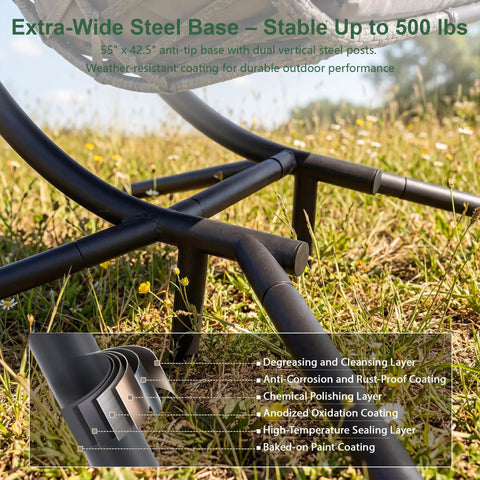 Steel base detail of Double Egg Swing Chair With Stand For Outdoor Patio Hand Made Rattan Wicker Two Hanging Egg Chairs