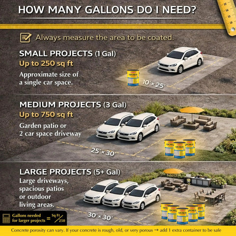 Visual guide on how many gallons of No Sweat Exterior Concrete Sealer Clear Natural Finish One Gallon needed for various project sizes.