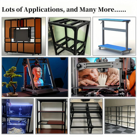 Collage showcasing uses of Beefy 10 Pack 2000mm 2020 V Slot Aluminum Extrusion Profiles Anodized Black European Standard
