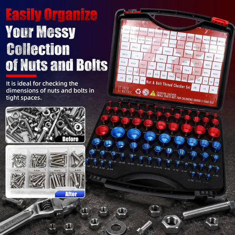 78 Piece Nut And Bolt Thread Checker Set Featuring 41 Sae And 37 Metric Threads organized in black case with labeled gauges.