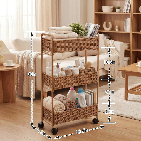 Ultra Slim 3 Tier Rolling Storage Cart for Small Spaces Narrow 7.1 Inch Wide Mobile Shelving Unit in living room setting