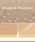 Close-up of waterproof beige fabric showing water droplets for Round Patio Furniture Cover For 84 Inch Round Table And Chairs Set, Waterproof, UV Resistant, Windproof Anti Fading Outdoor Cover In Beige That Stays Put With Cinch Straps And Drawstring Hem For A Secure Fit.
