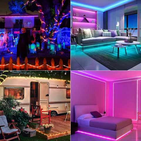 66Ft 200LED RGB Rope Light With 24 Colors Plus Warm White, indoor and outdoor decor in garden, living room, trailer, and bedroom.