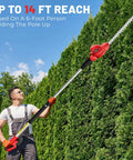 Go-To Pole Hedge Trimmer Cordless For Quick Cleanups Compatible With Milwaukee M18 Battery Extension Pole Up To 14 Feet Reach 18 Inch Trimmer For Hedge Trimming Battery Not Included, shown extended by a person trimming tall hedge