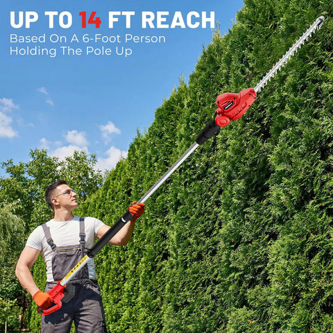 Go-To Pole Hedge Trimmer Cordless For Quick Cleanups Compatible With Milwaukee M18 Battery Extension Pole Up To 14 Feet Reach 18 Inch Trimmer For Hedge Trimming Battery Not Included, shown extended by a person trimming tall hedge