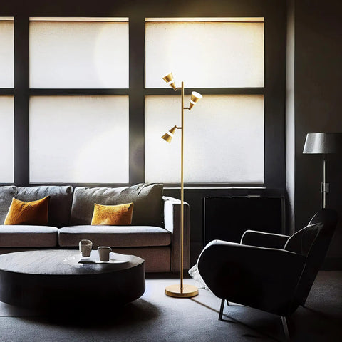 Ash 3 Light LED Tree Floor Lamp with dimmable three head in a modern living room, brushed nickel finish