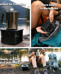 Portable Folding Camp Stove For Camping And Backpacking next to kettle by lake, packed in backpack, ready for hiking.