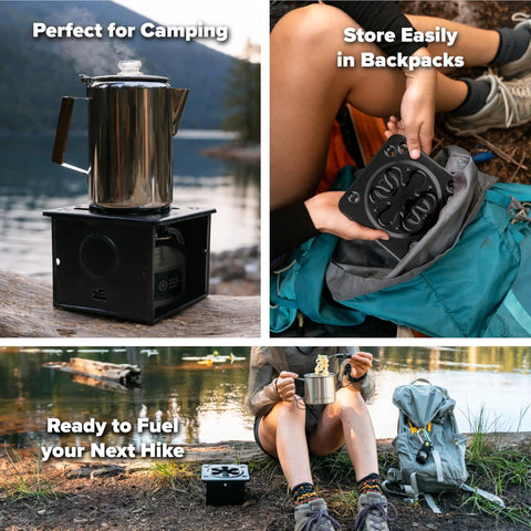 Portable Folding Camp Stove For Camping And Backpacking next to kettle by lake, packed in backpack, ready for hiking.