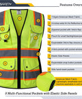 Nine Pockets Women Hi Vis Reflective Safety Vest Mesh Neon Yellow With Reflective Strips And Orange Extended Trims ANSI Compliant, front view