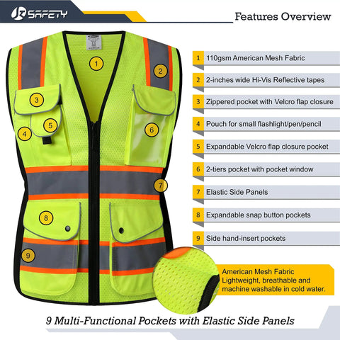Nine Pockets Women Hi Vis Reflective Safety Vest Mesh Neon Yellow With Reflective Strips And Orange Extended Trims ANSI Compliant, front view