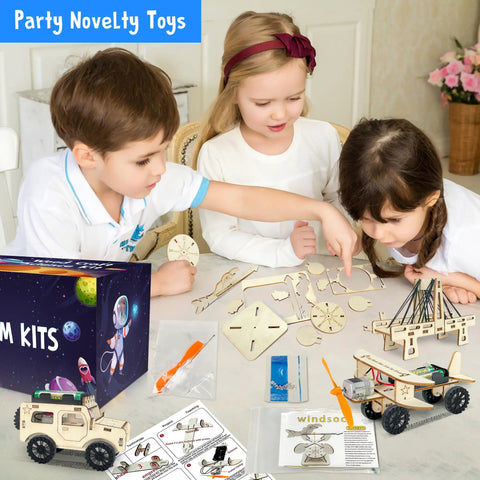 Kids assembling 3D wooden models from 24 Pack STEM Kits For Kids Classroom Hands On Science Projects And 3D Wooden Model Builds