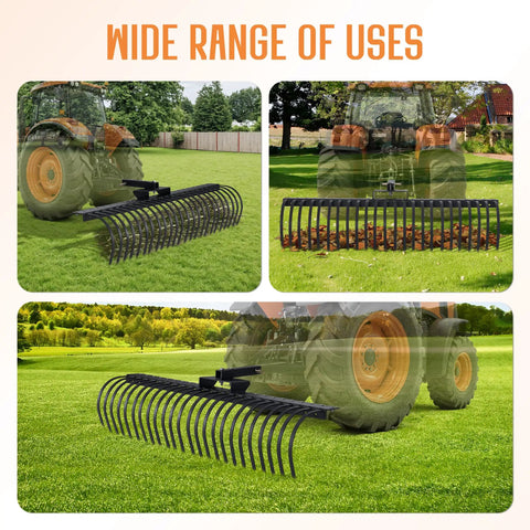 60 Inch Behind Landscape Rake For Tractor Tow Dethatcher With 24 Steel Coil Tines And 2 Inch Receiver in use on lawn