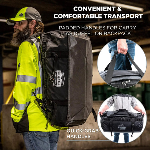 Man carrying Beefy Medium Tarpaulin Water Resistant Duffel Bag With Removable Shoulder Straps 5030M Built To Last With 1000D Polyester Mesh