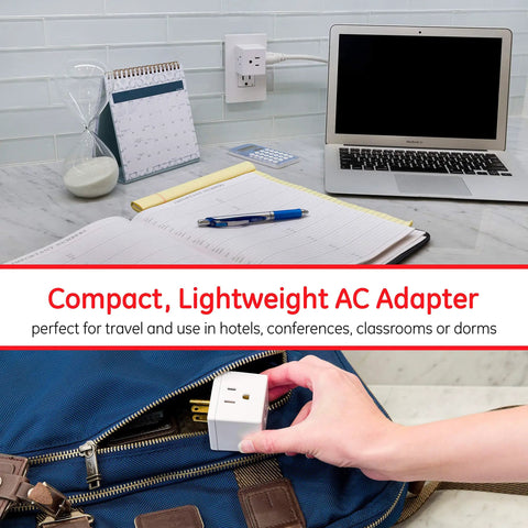 Three Outlet Wall Tap Power Splitter With Grounded 3 Prong Design Space Saving Cube Adapter for home office dorm room shown in use