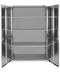 Front view of Lockable Solid Steel Storage Cabinet With Adjustable Shelves For Garage Warehouse Office And Classroom 48 W X 24 D X 72 H Built Tough For Everyday Use With Stainless Doors, open with visible shelves.