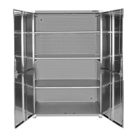 Front view of Lockable Solid Steel Storage Cabinet With Adjustable Shelves For Garage Warehouse Office And Classroom 48 W X 24 D X 72 H Built Tough For Everyday Use With Stainless Doors, open with visible shelves.