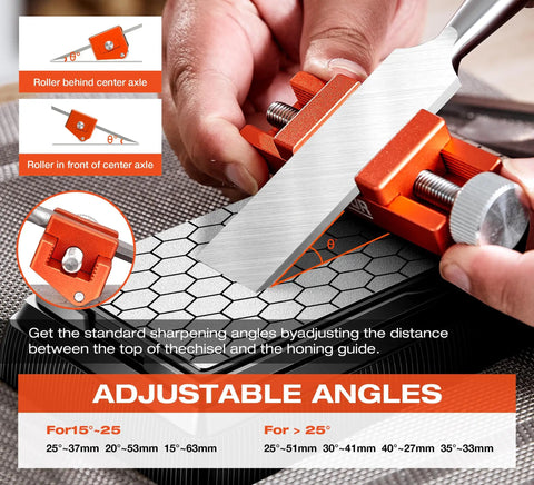 Heavy Duty Chisel Sharpener Jig With Integrated Whetstone And Adjustable Honing Guide For Woodworking Blades, showing adjustable angle settings.