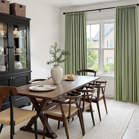 Light Sage Double Layer Blackout Linen Curtains For Living Room And Bedroom, 96 Inch Long Pinch Pleat Drapes in dining room.