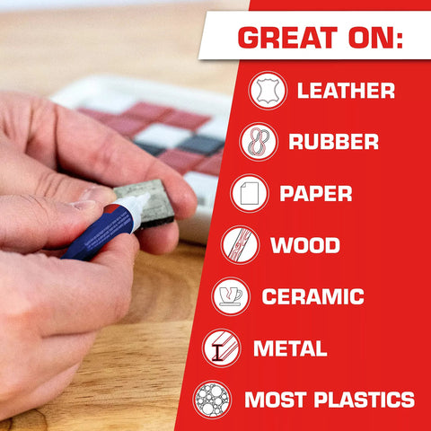 Close-up of a blue Loctite Super Glue Liquid tube being applied to a small metal piece