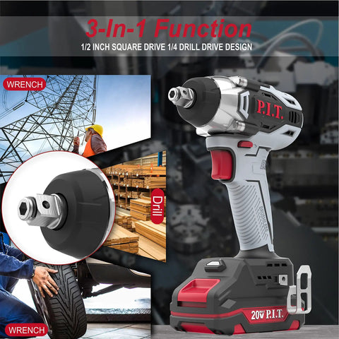 20V Cordless Compact Impact Wrench Kit with 1/2 Inch and 1/4 Inch Chucks, Brushless Power Wrench, Drill Driver Function, Li-ion Battery