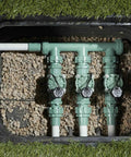 1-Inch FPT L-Series Automatic Sprinkler Valve with 25 VAC Solenoid, Manual Actuation, Internal Scrubber Filter, and Easy-Servicing Lid for Clean, Clog-Free Water Control in Lawn and Garden Irrigation Systems installed in a valve box with three inline zones
