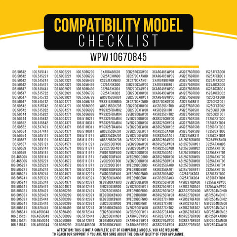 Compatibility model checklist for Ice Bucket Replacement Assembly For Freezer Tray Compatible With Whirlpool Kenmore Amana KitchenAid Maytag W10670845.