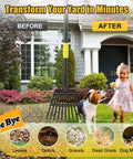 Heavy Duty Metal Garden Rake With Eleven Steel Tines Eight Point Five Inch Wide Head And Sixty Inch Long Handle For Leaves Debris And Tight Spots showcasing yard transformation.