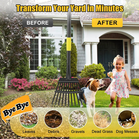 Heavy Duty Metal Garden Rake With Eleven Steel Tines Eight Point Five Inch Wide Head And Sixty Inch Long Handle For Leaves Debris And Tight Spots showcasing yard transformation.