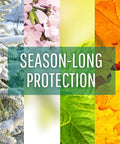 Deer Repellent Stations For Outdoors, 6 Waterproof Stakes For Gardens And Lawns, All Season Protection, Odorless To Humans Yet Drives Deer Away, Easy To Install Yard Guard, 6 Pack image showing seasonal backgrounds with text 'Season-Long Protection'