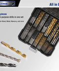 PLATINUMEDGE 140-piece drill bit set in a hard case with titanium twist bits, masonry bits, and Brad Point bits