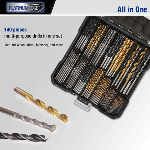 PLATINUMEDGE 140-piece drill bit set in a hard case with titanium twist bits, masonry bits, and Brad Point bits