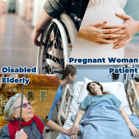 Collage showing a wheelchair, pregnant woman, elderly person with a cane, and a patient in a hospital bed.
