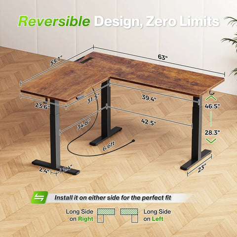 L Shaped Standing Desk With Power Outlets, A Large 63 By 55 Inch Corner Computer Desk For Home Office, height adjustable 28.3-46.5 in