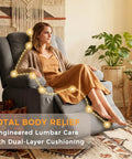 Woman relaxing in Ultimate 360 Degree Swivel Rocker Recliner With Heat And Massage For Nursery And Living Room