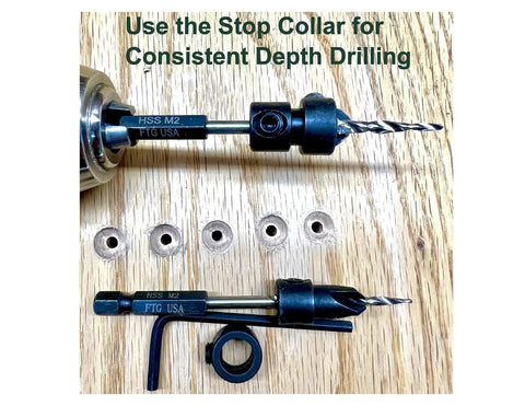 Six Piece Countersink Drill Bit Set For Wood With Depth Stop Collar And Hex Wrench on wooden surface