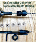 Adjustable Wood Countersink Drill Bit Set with depth stop collars shown in use on wood surface, FTG USA, 5 Piece, Sizes 4, 6, 8, 10, 12