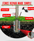 Illustration of Pack Of 2 Easy Fence Post Repair Kit showing installation with steel stakes in concrete, hammer in use