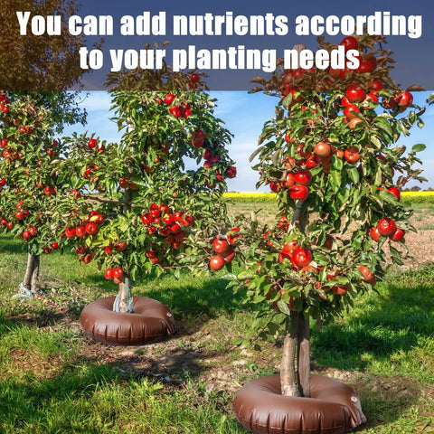 8 Pack 15 Gallon Tree Watering Bags With Slow Release Rings used on apple trees in a garden
