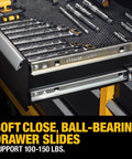 Close-up of open drawer of Rolling Tool Chest With Eight Drawers 52 Inch Wide 100 Pound Drawer Capacity Heavy Duty Mobile Workshop