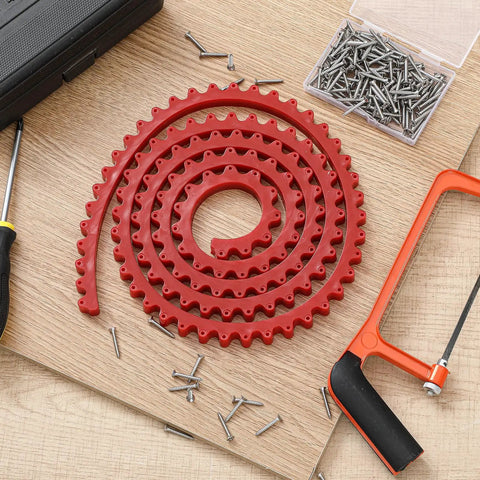Red 78 Inch Router Edge Guide Templates Kit With Flexible Curve Ruler And 150 Self Tapping Screws on a wooden board