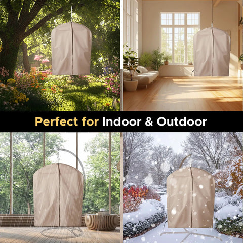 Heavy Duty Hammock Chair With Two Cushions And Protective Waterproof Cover for indoor and outdoor use, shown in different settings.