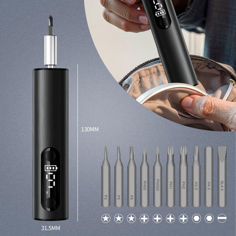Cordless Magnetic Screwdriver Kit With Wireless Charging And Precision Bits For Electronics Phone And Watch Repair DIY Home Projects A Multi Functional Mini Tool For Tech Pros And DIYers, showing screwdriver dimensions and bits
